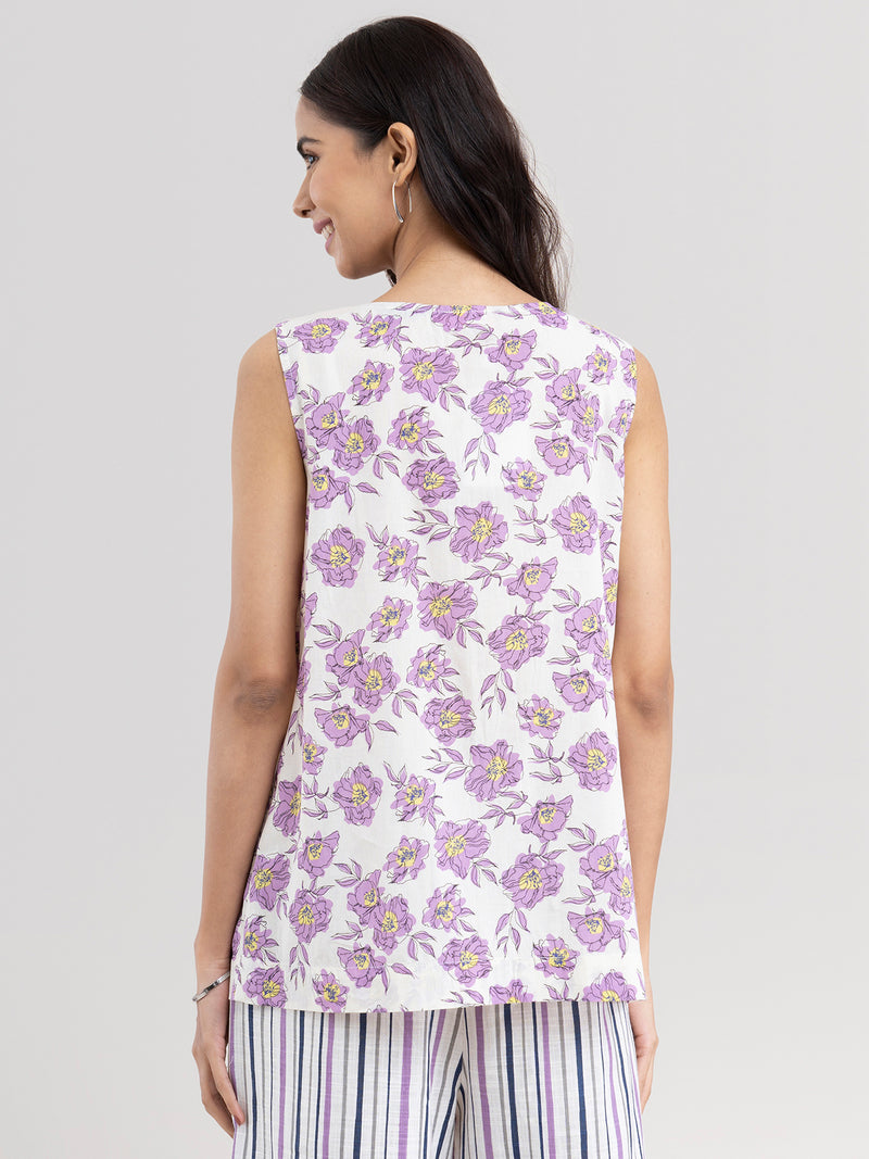 Buy Lilac Cotton Floral Sleeveless Top Online | Marigold
