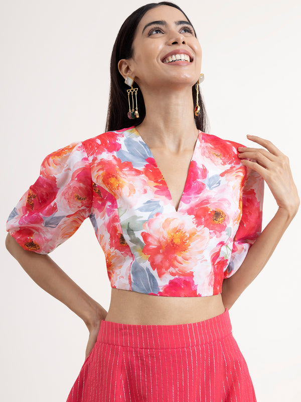 Buy Pink and White Puffed Sleeves Floral Crop Top Online | Marigold