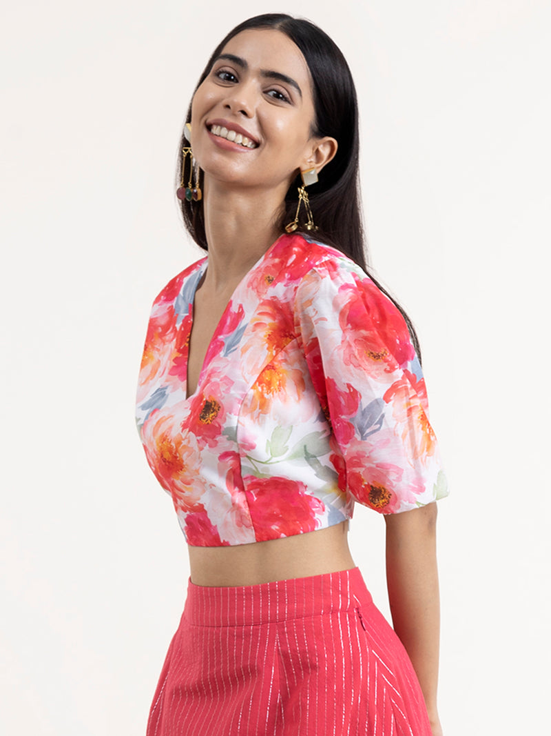Buy Pink and White Puffed Sleeves Floral Crop Top Online | Marigold