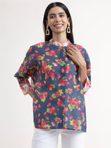 Buy Grey and White Mandarin Collar Floral Top Online | Marigold