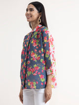 Buy Grey and White Mandarin Collar Floral Top Online | Marigold