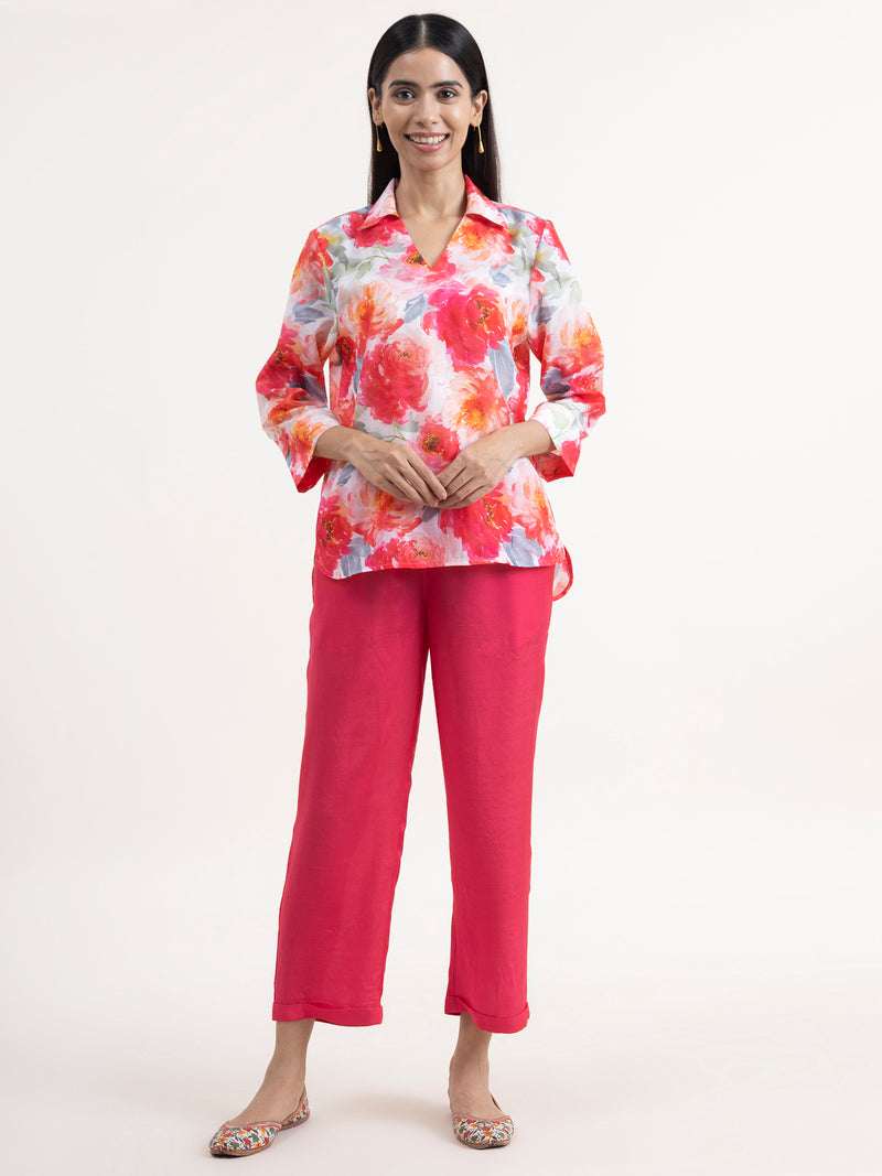 Buy Pink and White Chanderi Floral Top Online | Marigold