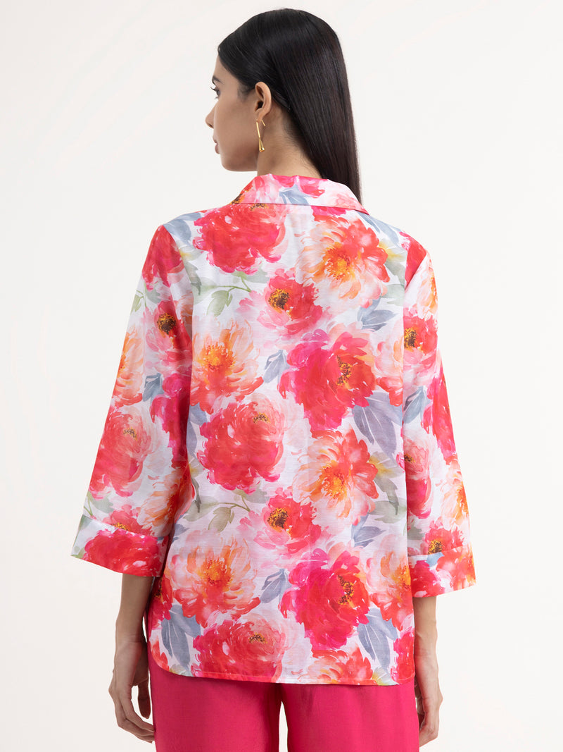 Buy Pink and White Chanderi Floral Top Online | Marigold