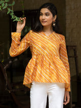 Buy Mustard Chanderi Leheriya Peplum Top Online | Marigold