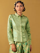 Buy Sea Green Chanderi Brocade Stripe Play Shirt - Sea Green Online | Pink Fort