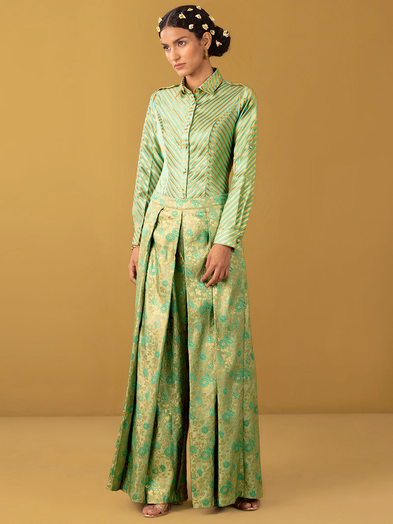 Buy Sea Green Chanderi Brocade Stripe Play Shirt - Sea Green Online | Pink Fort