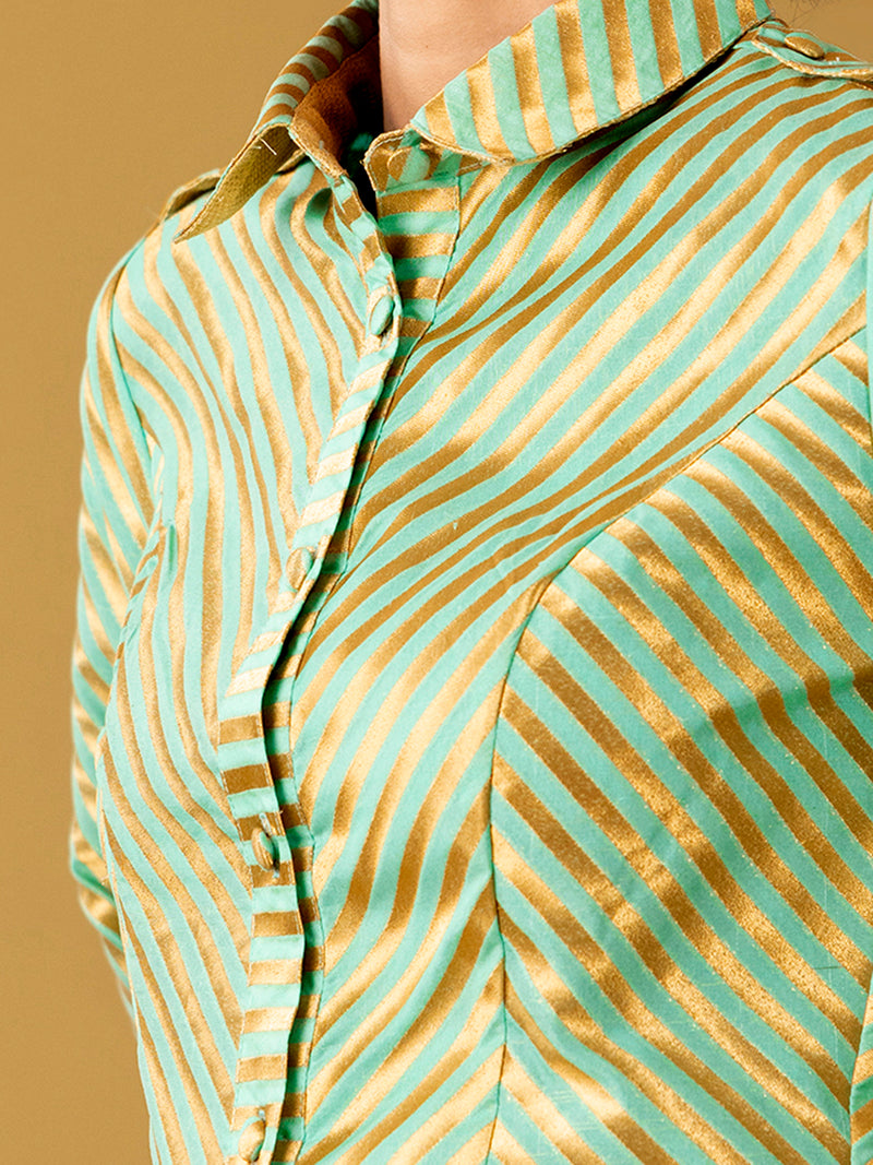 Buy Sea Green Chanderi Brocade Stripe Play Shirt - Sea Green Online | Pink Fort