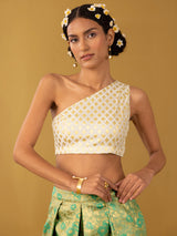 Buy Off white Chanderi Brocade One-Shoulder Blouse - Off white Online | Pink Fort
