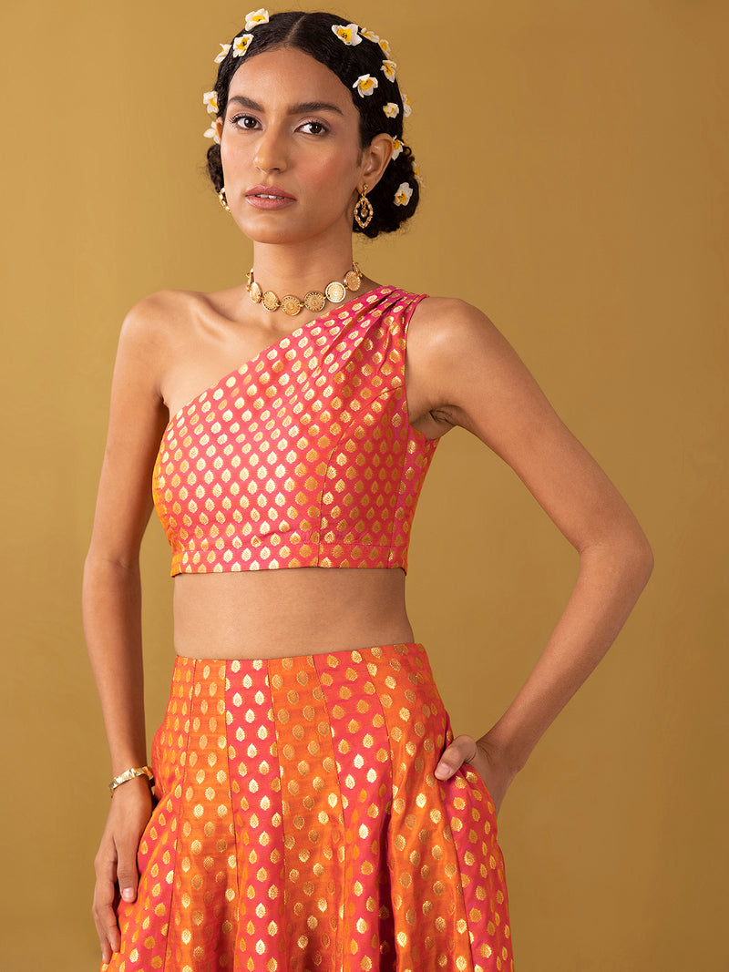 Buy Orange Chanderi Brocade One-Shoulder Blouse - Orange Online | Pink Fort