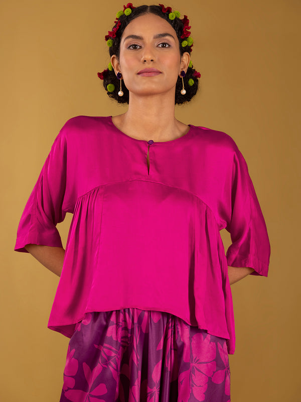 Buy Pink Silk Satin Side Gathered Top - Pink Online | Pink Fort