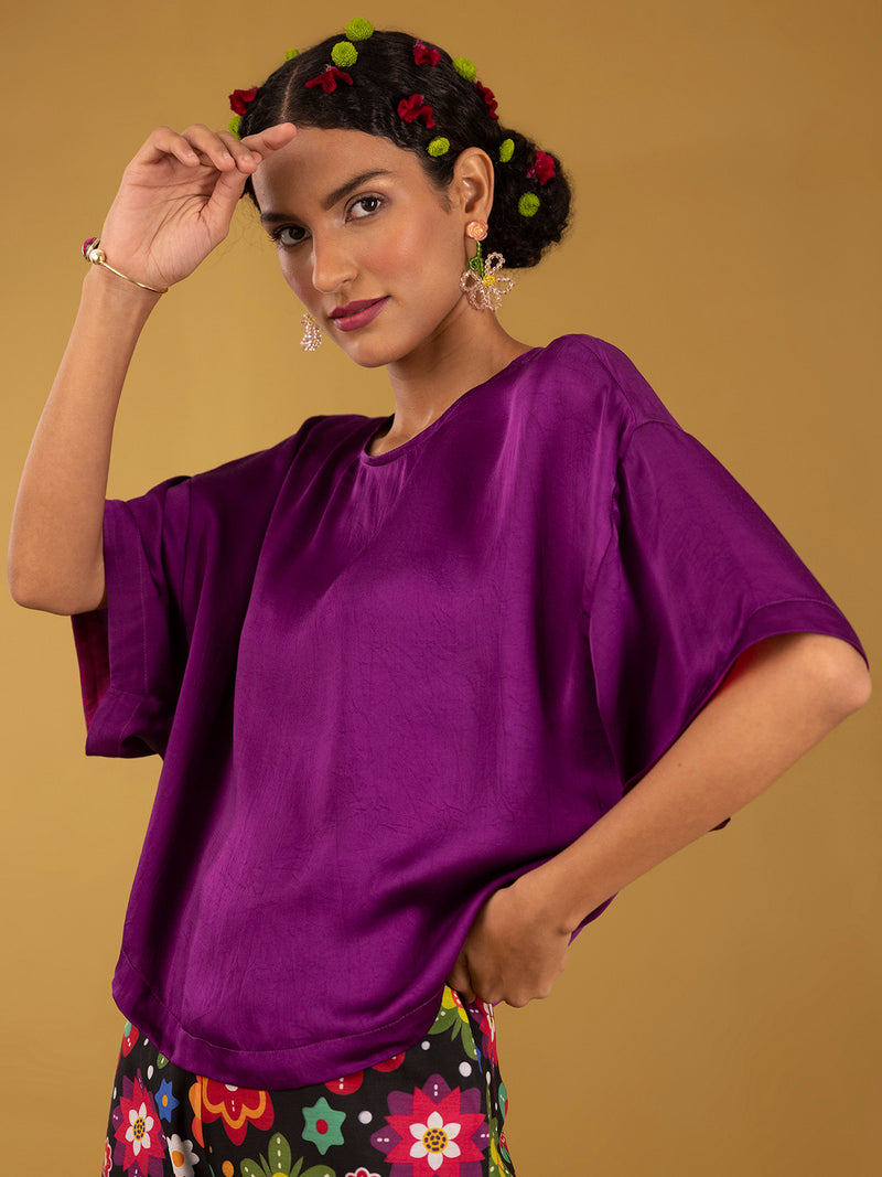 Buy Purple Silk Satin Drop Shoulder Top - Purple Online | Pink Fort