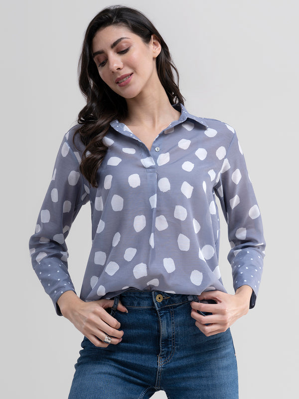 Buy Grey Sheer Polka Print Shirt Online | Marigold