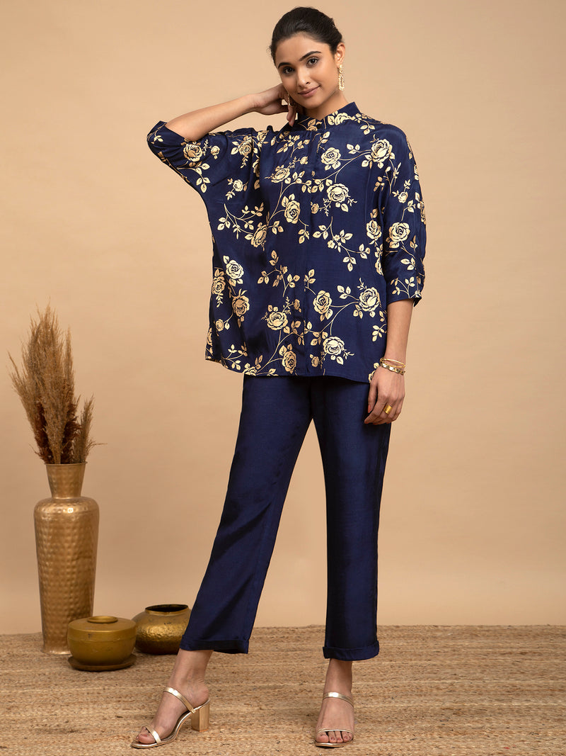 Buy Navy Blue Foil Print Mandarin Neck Shantung Silk Top Online | Pink Fort