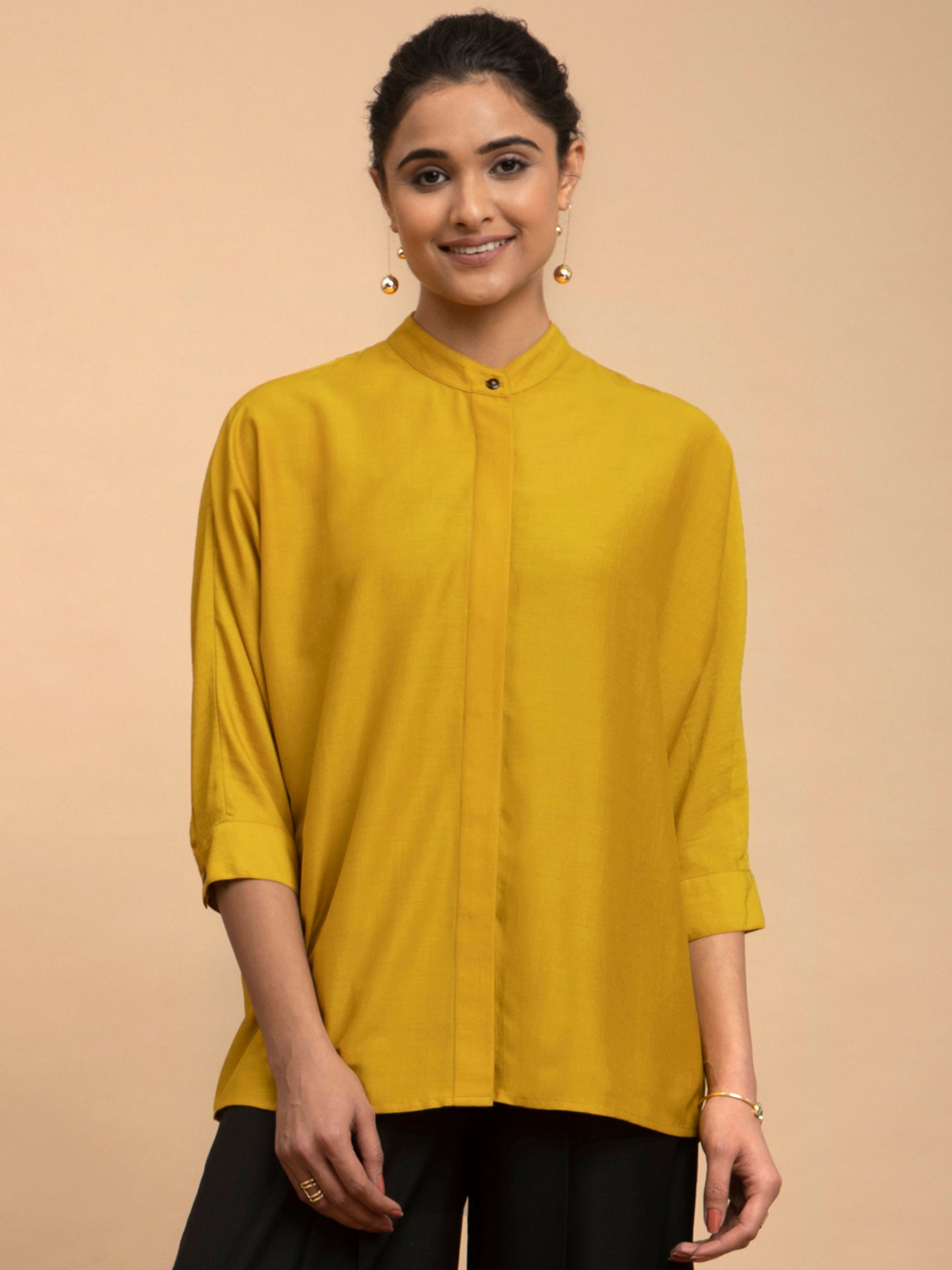 Buy Yellow Mandarin Collar Silk Shirt Online | Pinkfort – Pink Fort by ...