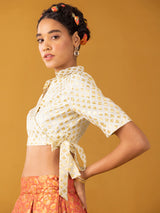 Buy Off white Chanderi Brocade Shirt Collar Blouse - Off white Online | Pink Fort
