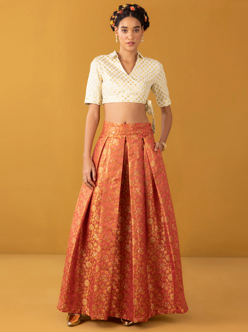 Buy Off white Chanderi Brocade Shirt Collar Blouse - Off white Online | Pink Fort