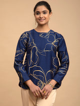 Buy Navy Blue Foil Print Round Neck Silk Top Online | Pink Fort