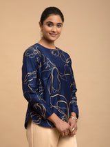 Buy Navy Blue Foil Print Round Neck Silk Top Online | Pink Fort