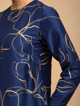 Buy Navy Blue Foil Print Round Neck Silk Top Online | Pink Fort
