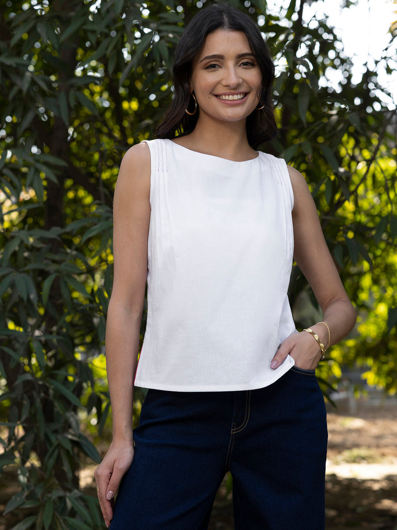 Buy White Sleeveless Cotton Top Online | Pink Fort