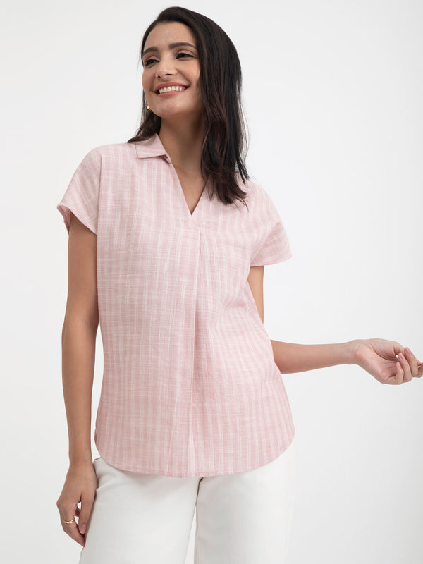 Buy Pink Cotton Checked Collared Top Online | Pink Fort