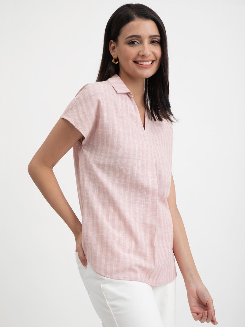 Buy Pink Cotton Checked Collared Top Online | Pink Fort
