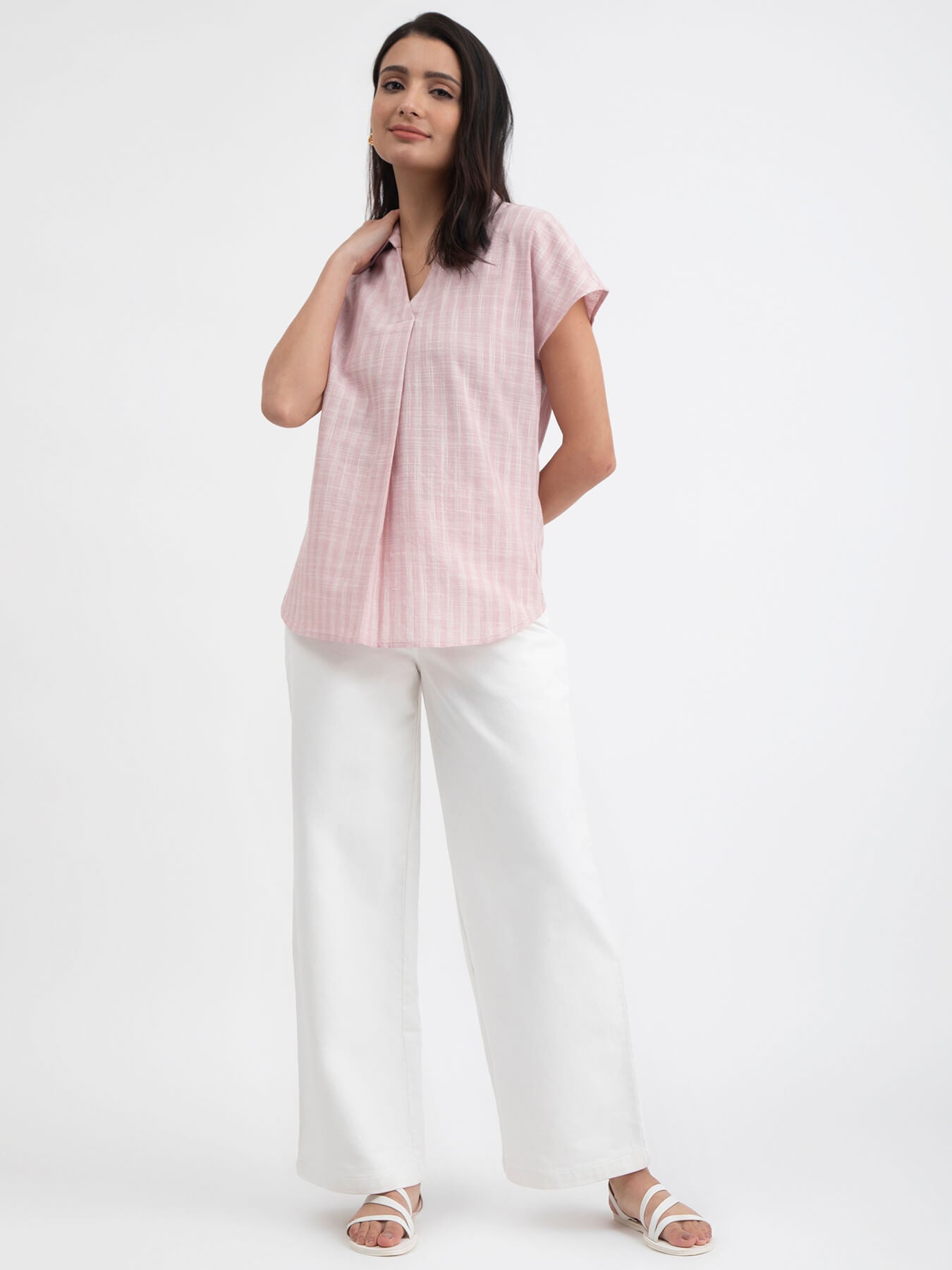 Buy Pink Cotton Checked Collared Top Online | Pink Fort