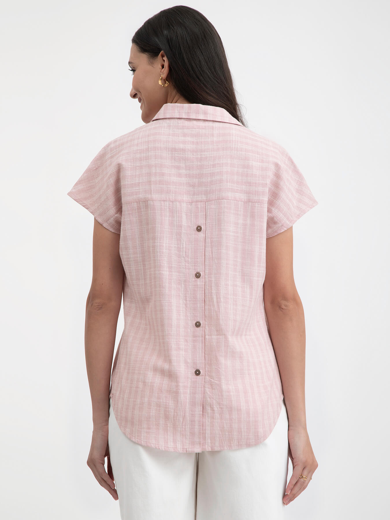 Buy Pink Cotton Checked Collared Top Online | Pink Fort