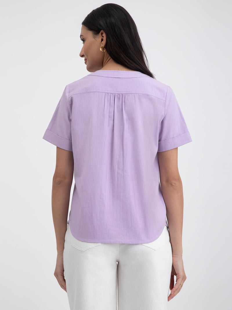 Buy Lilac Linen Blend V neck Top Online | Pink Fort
