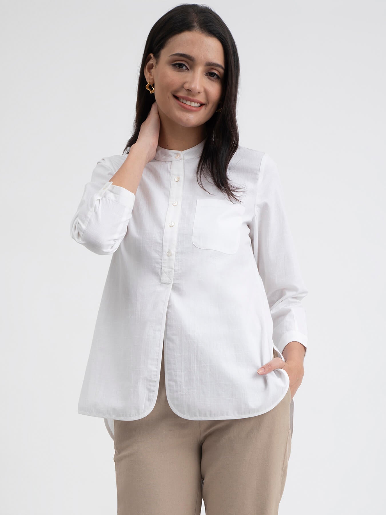 Buy White Linen Blend Mandarin Collar Top Online | Pink Fort