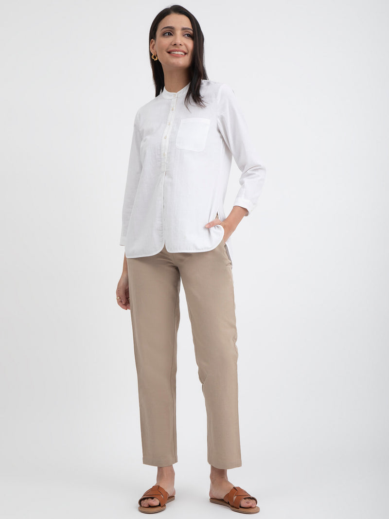 Buy White Linen Blend Mandarin Collar Top Online | Pink Fort