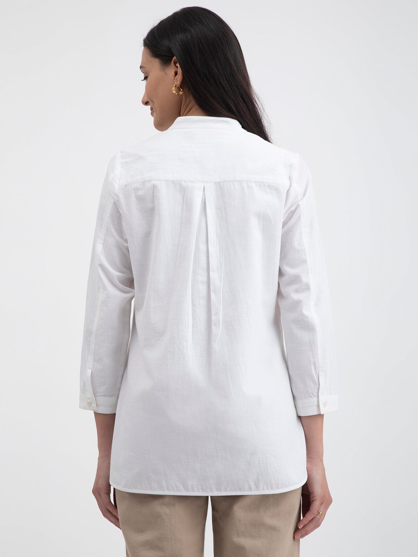 Buy White Linen Blend Mandarin Collar Top Online | Pink Fort