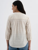 Cotton Jacquard Pleated Top - White