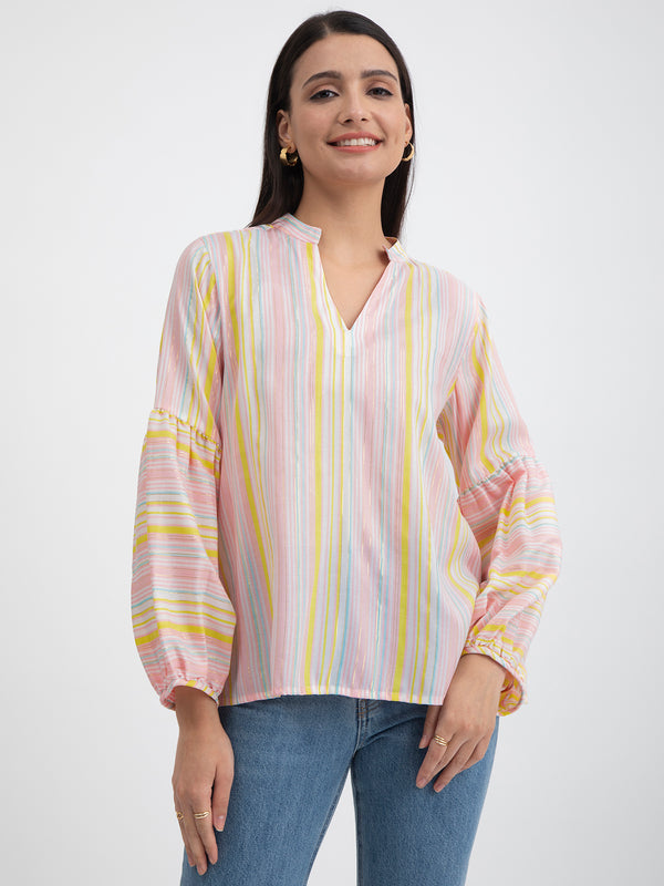 Buy Yellow Cotton Striped Puff Sleeves Top Online | Pink Fort