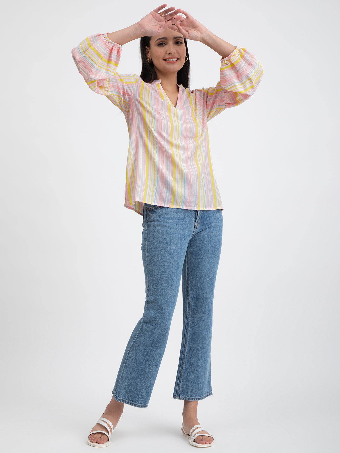 Buy Yellow Cotton Striped Puff Sleeves Top Online | Pink Fort