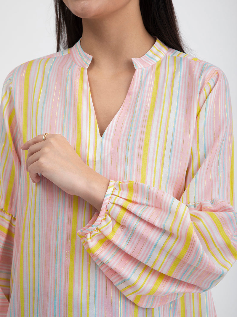 Buy Yellow Cotton Striped Puff Sleeves Top Online | Pink Fort