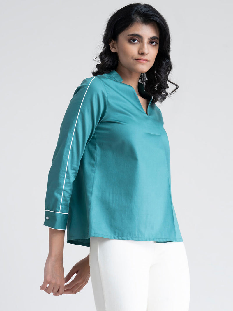 Buy Teal Front Pleated Piping Detail Top Online | Marigold