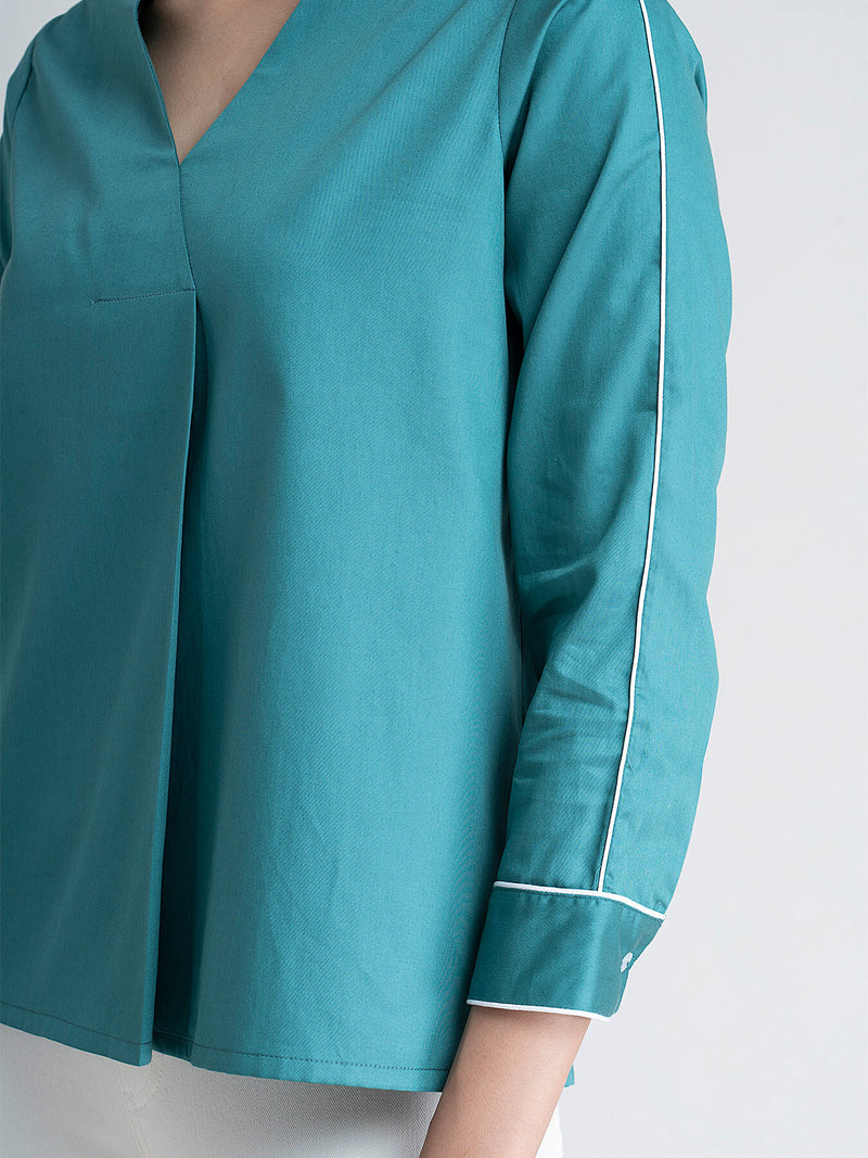 Buy Teal Front Pleated Piping Detail Top Online | Marigold
