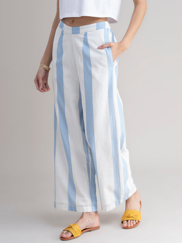 Buy White And Blue Striped Wide Leg Cotton Pants - Online | Pinkfort
