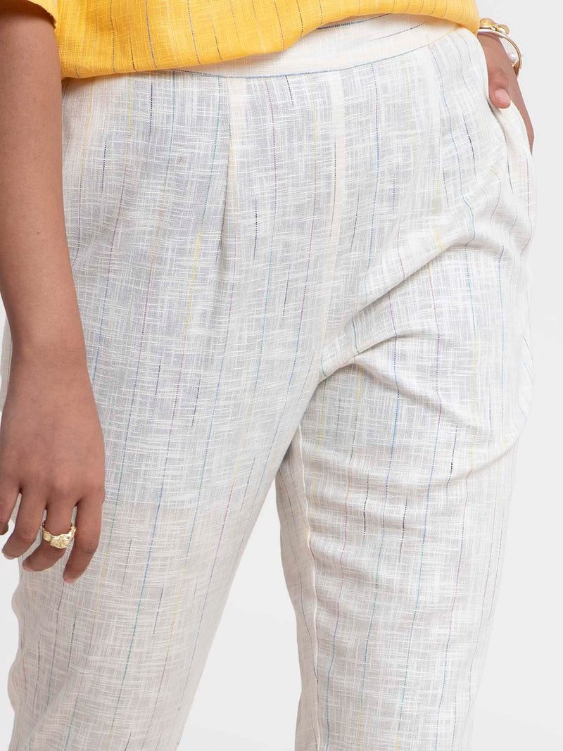 Buy Off White Textured Narrow Cotton Pants Online | Pinkfort