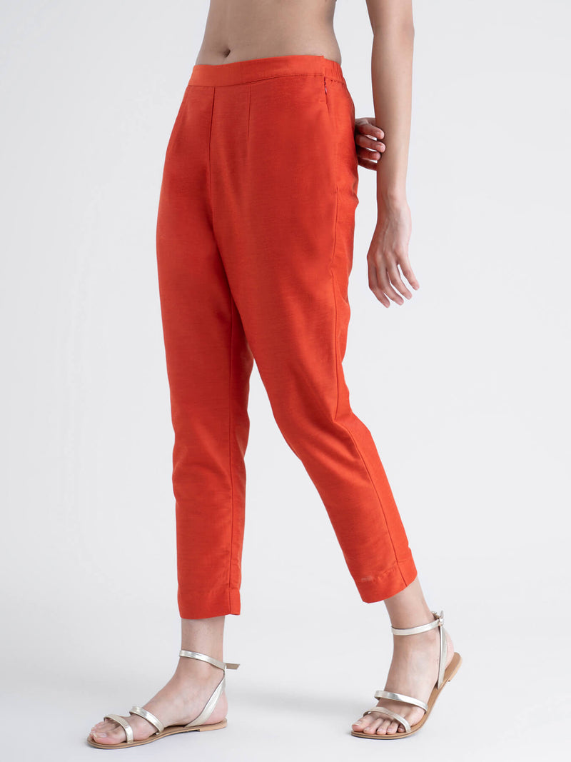 Buy Orange Tapered Leg Chanderi Trousers Online | Pinkfort