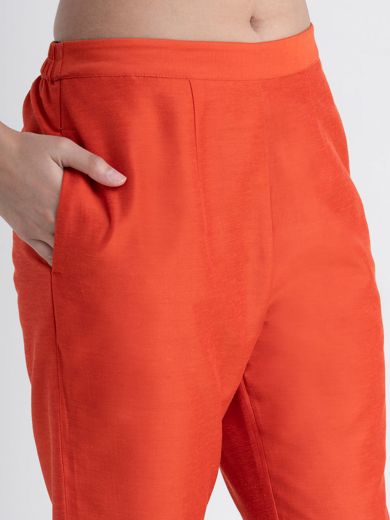 Buy Orange Tapered Leg Chanderi Trousers Online | Pinkfort