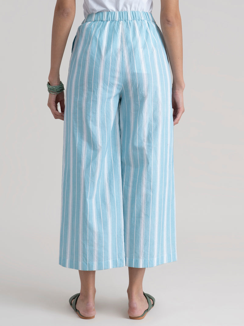 Buy Blue Striped Wide-Leg Cotton Pants Online | Pinkfort