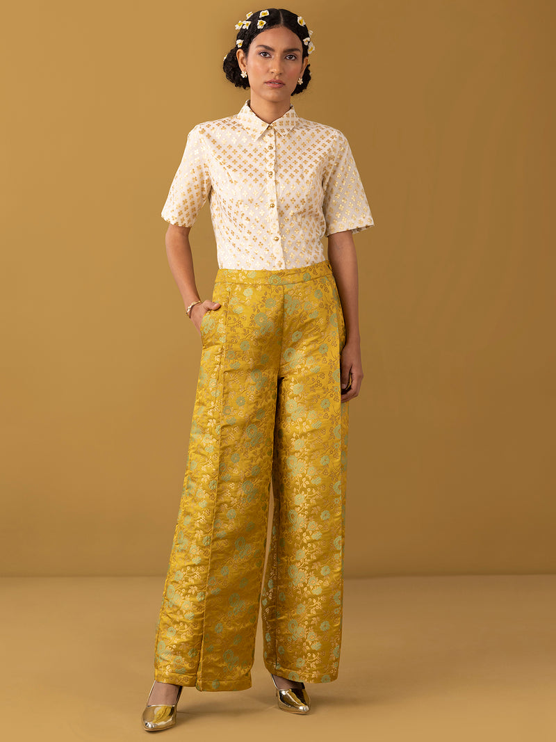 Buy Yellow Chanderi Brocade Wide Leg Pleated Trousers - Yellow Online | Pink Fort