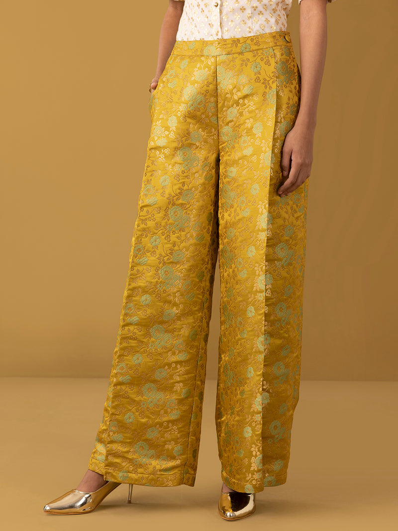 Buy Yellow Chanderi Brocade Wide Leg Pleated Trousers - Yellow Online | Pink Fort