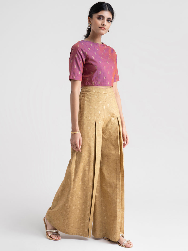 Buy Beige Flared Foil Gold Print Pants Online | Pinkfort