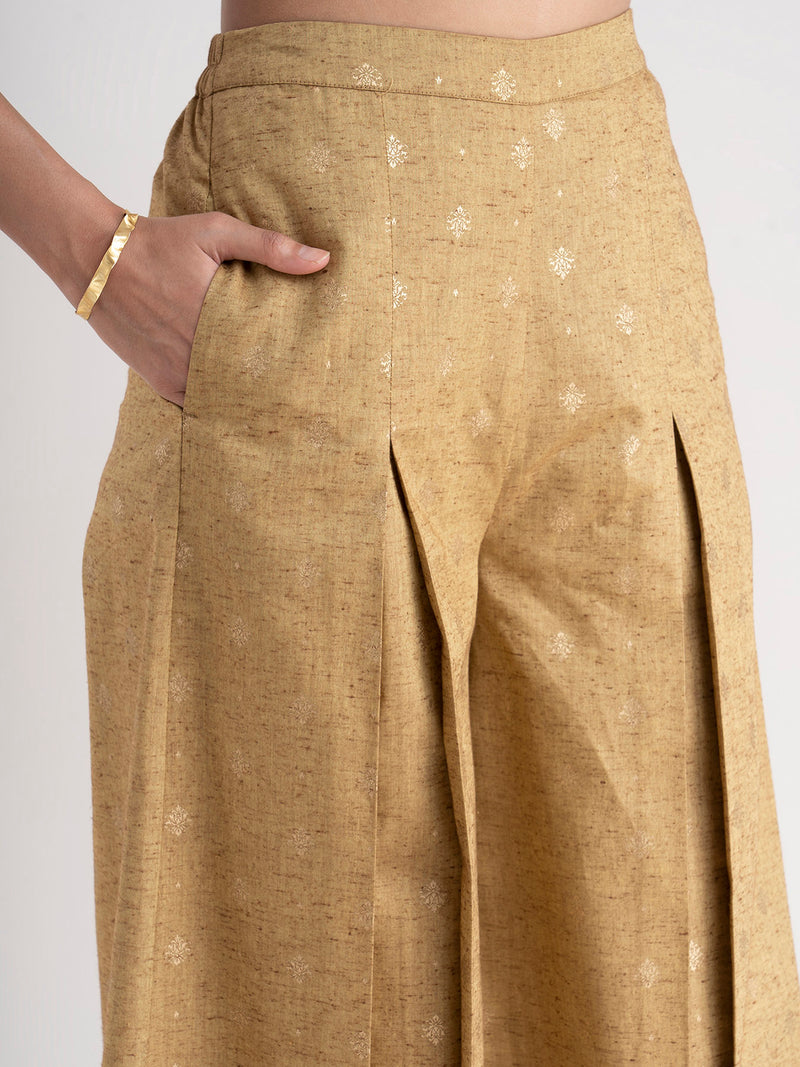 Buy Beige Flared Foil Gold Print Pants Online | Pinkfort