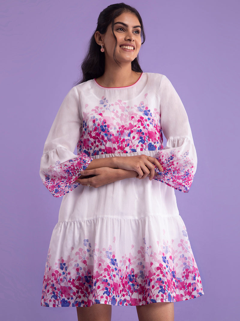 Buy White And Pink Chanderi Floral Round Neck Dress With Slip Online | Pink Fort