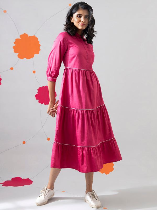 Buy Pink Contrast Piping Detail Tiered Dress Online | Pink Fort