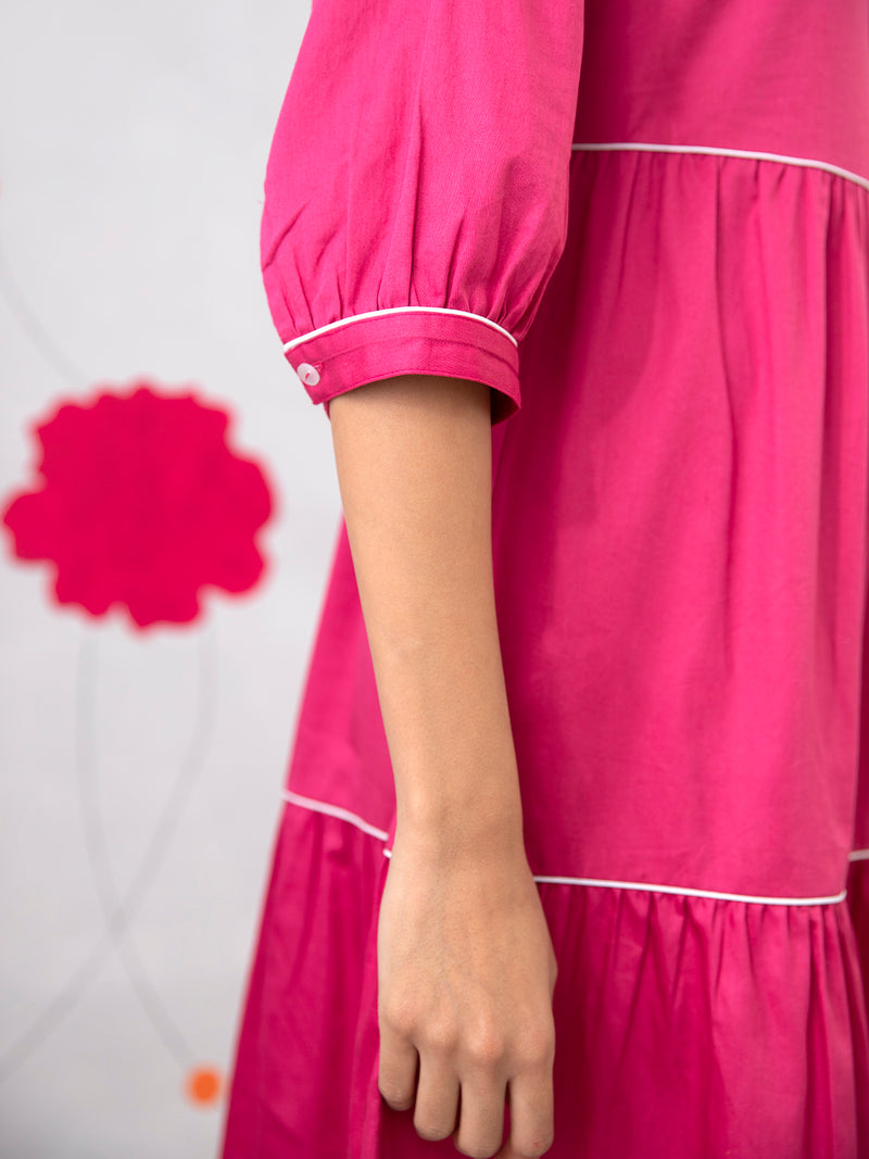 Buy Pink Contrast Piping Detail Tiered Dress Online | Pink Fort